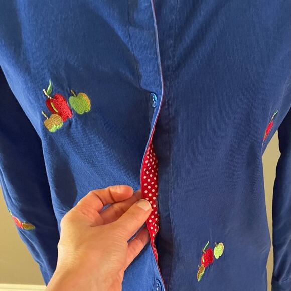 Quacker Factory Blue Corduroy Embroidered Button Down Shirt, Apple Print, Size S - Picture 7 of 13